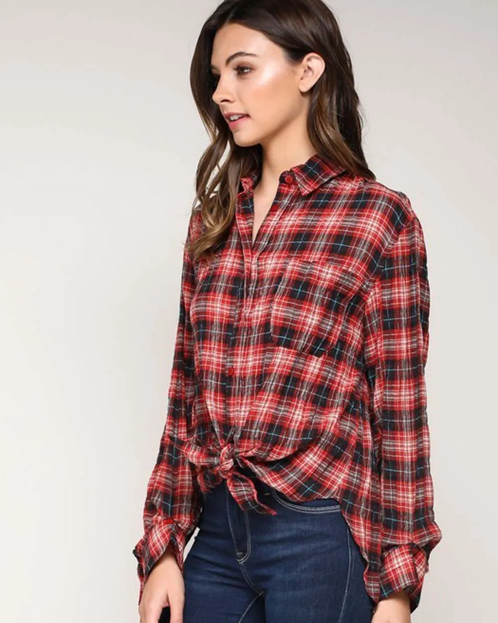 Tie Back Plaid Top in Red