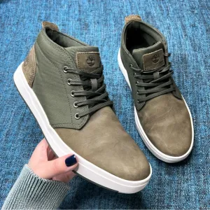Timberland Davis Square Chukka Leather and Canvas Boots in Olive Green