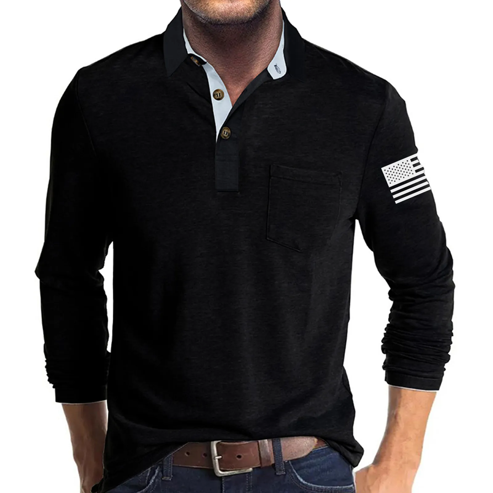 USA FLAG RETRO BUTTON POCKET POLO SHIRT