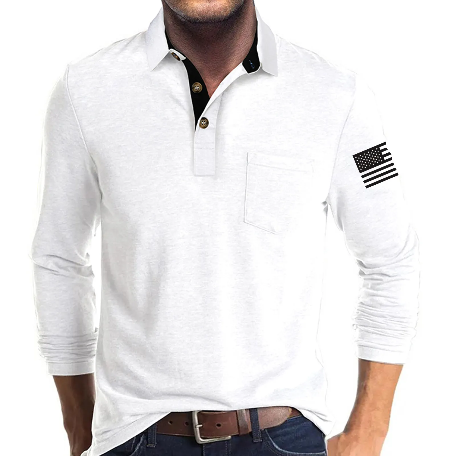 USA FLAG RETRO BUTTON POCKET POLO SHIRT