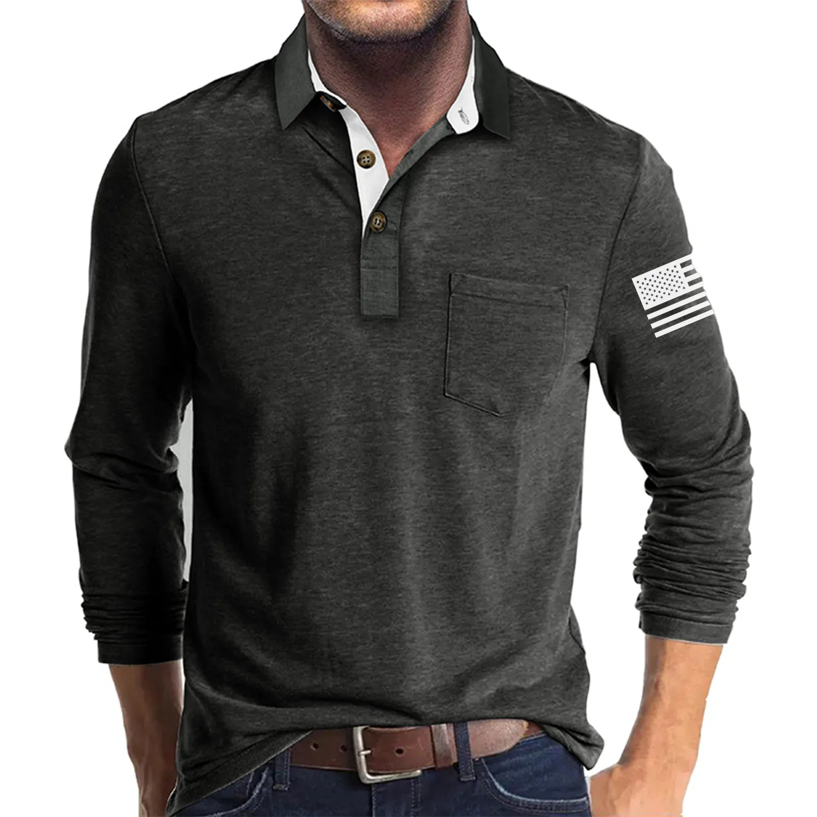 USA FLAG RETRO BUTTON POCKET POLO SHIRT