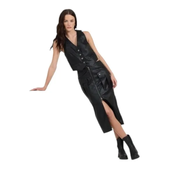 Vintage Havana Black Cargo  Leather Midi Skirt