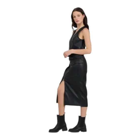 Vintage Havana Black Cargo  Leather Midi Skirt