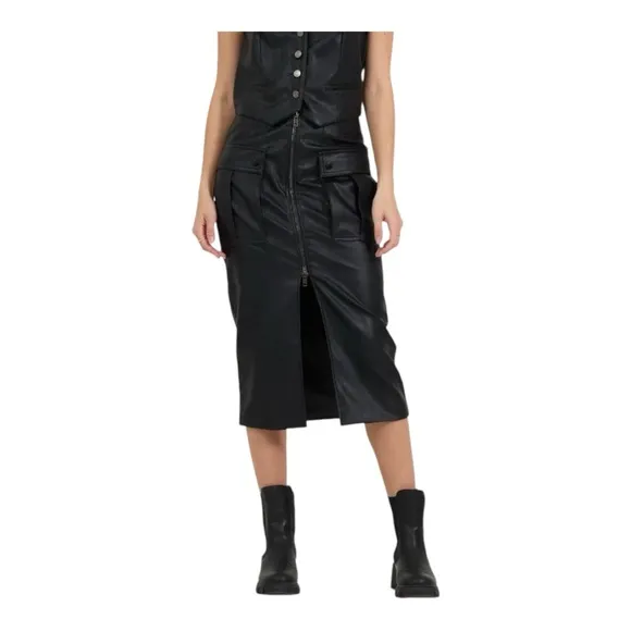 Vintage Havana Black Cargo  Leather Midi Skirt