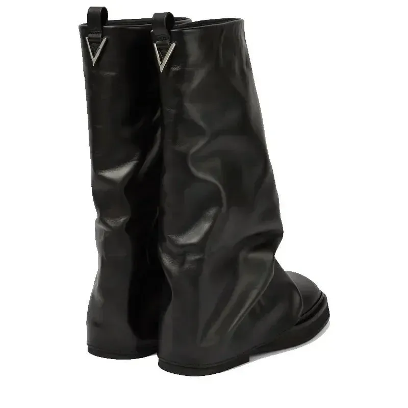Women's New Autumn and Winter Calf Boots with Pleated Thick High Heels