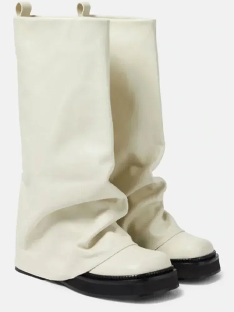 Women's New Autumn and Winter Calf Boots with Pleated Thick High Heels