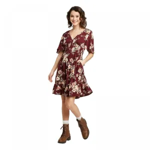 Xhilaration Women's Floral Print Short Sleeve V-Neck Smocked Waist Mini Dress
