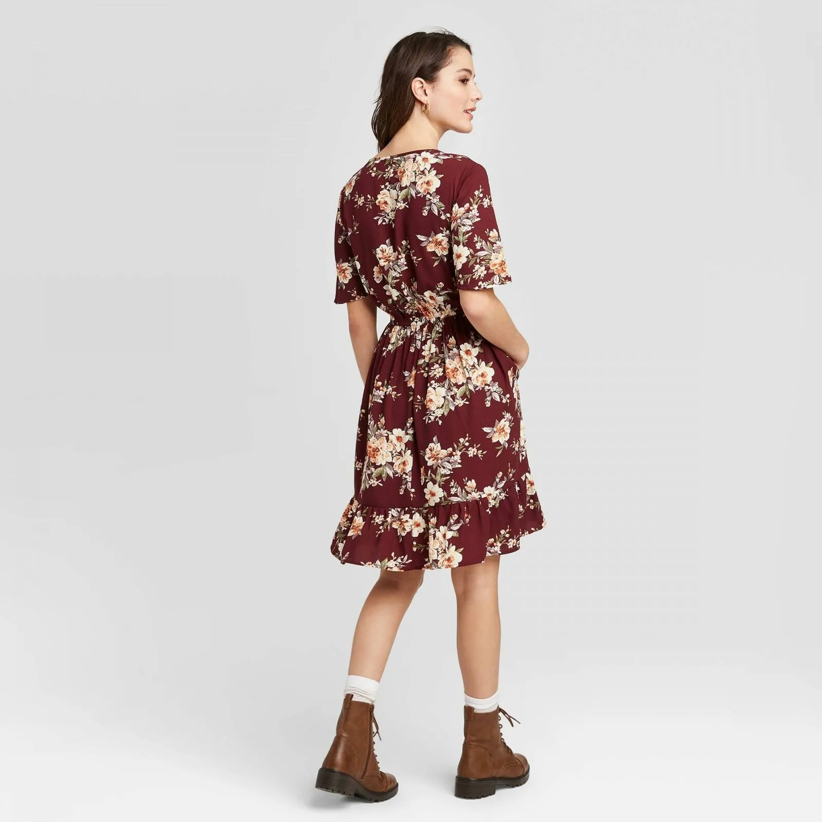 Xhilaration Women's Floral Print Short Sleeve V-Neck Smocked Waist Mini Dress