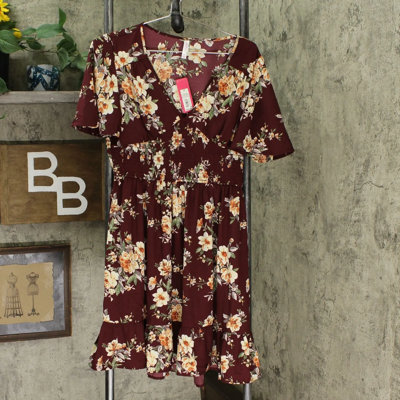 Xhilaration Women's Floral Print Short Sleeve V-Neck Smocked Waist Mini Dress