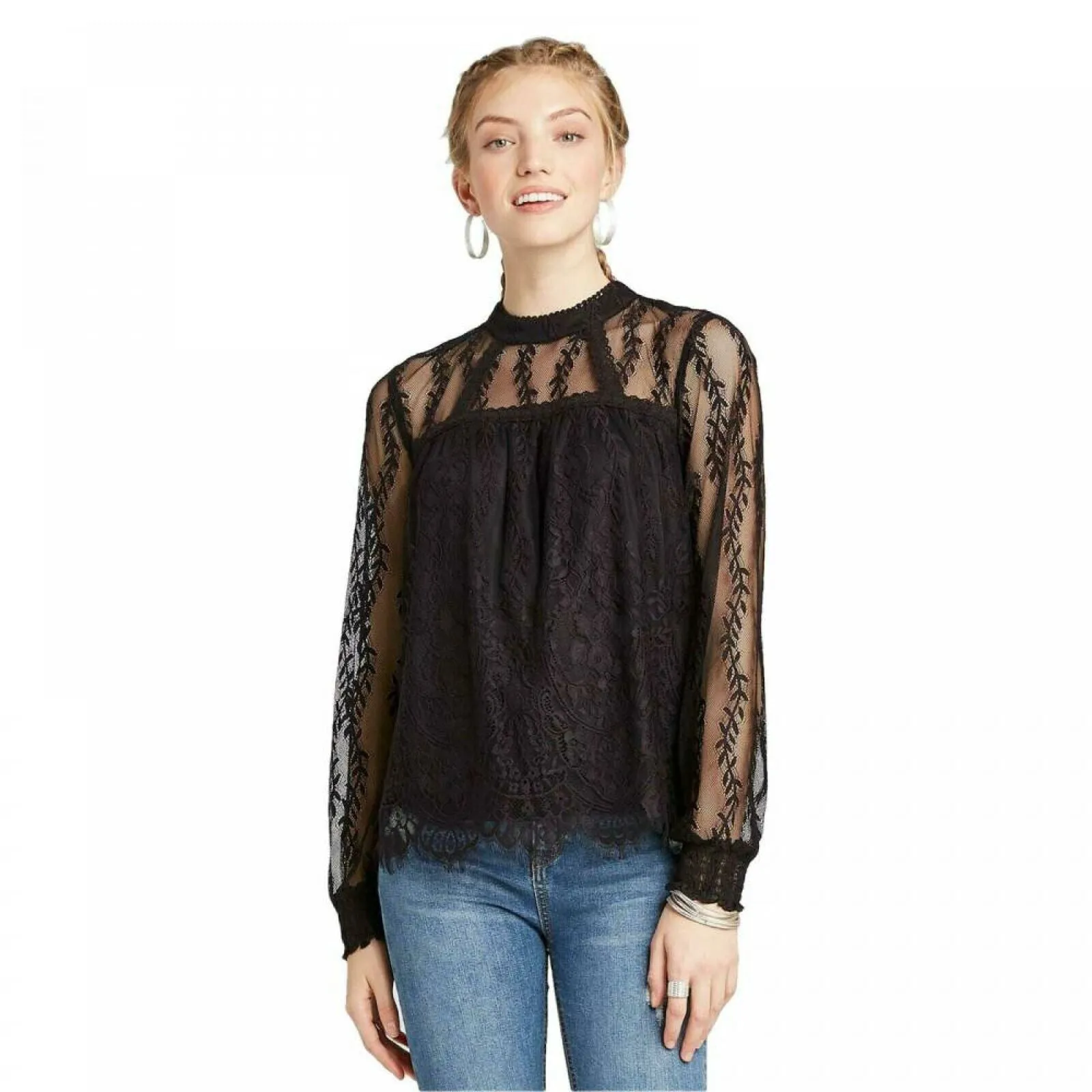 Xhilaration Women's Long Sleeve High Neck Lace Blouse Top