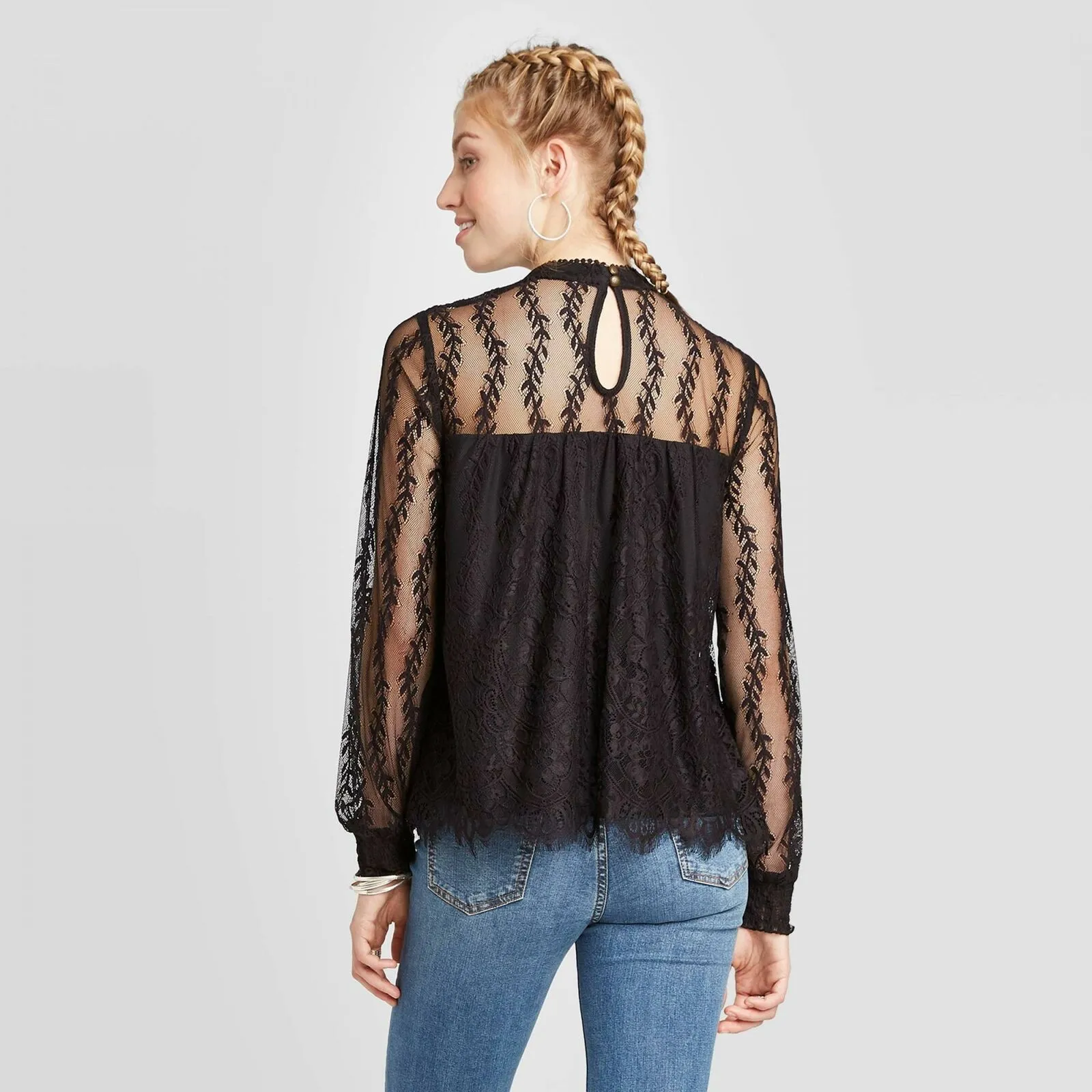 Xhilaration Women's Long Sleeve High Neck Lace Blouse Top