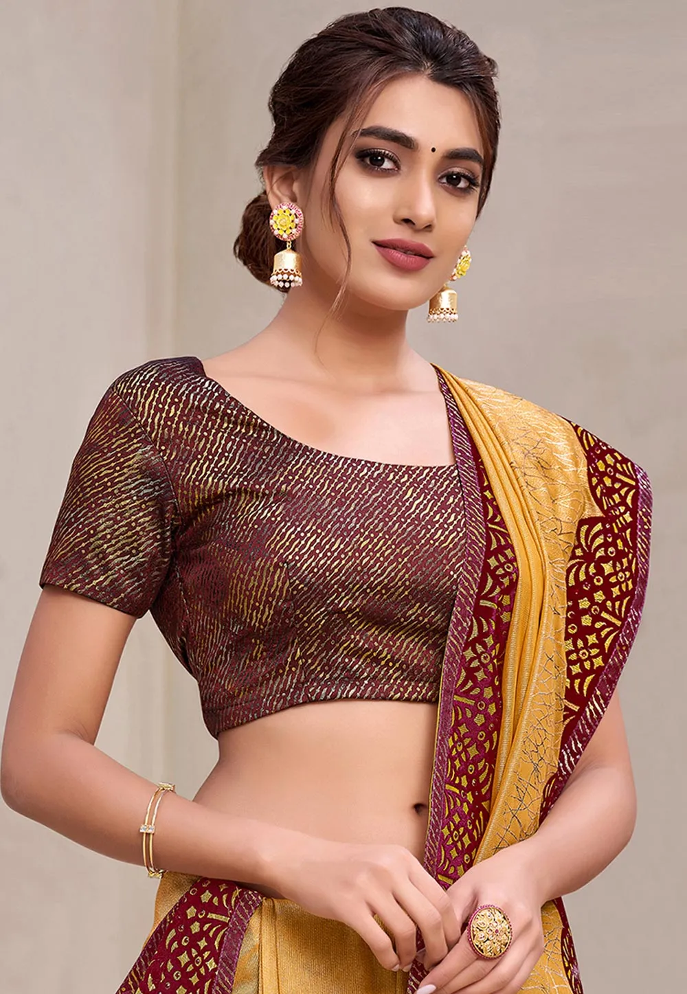 Yellow And Brown Traditional Detailed Silk Saree