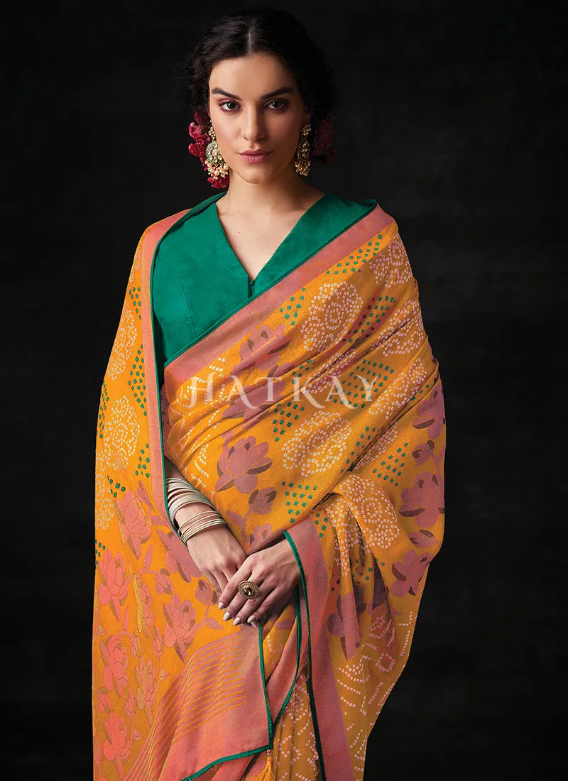 Yellow And Green Embroidered Festive Saree