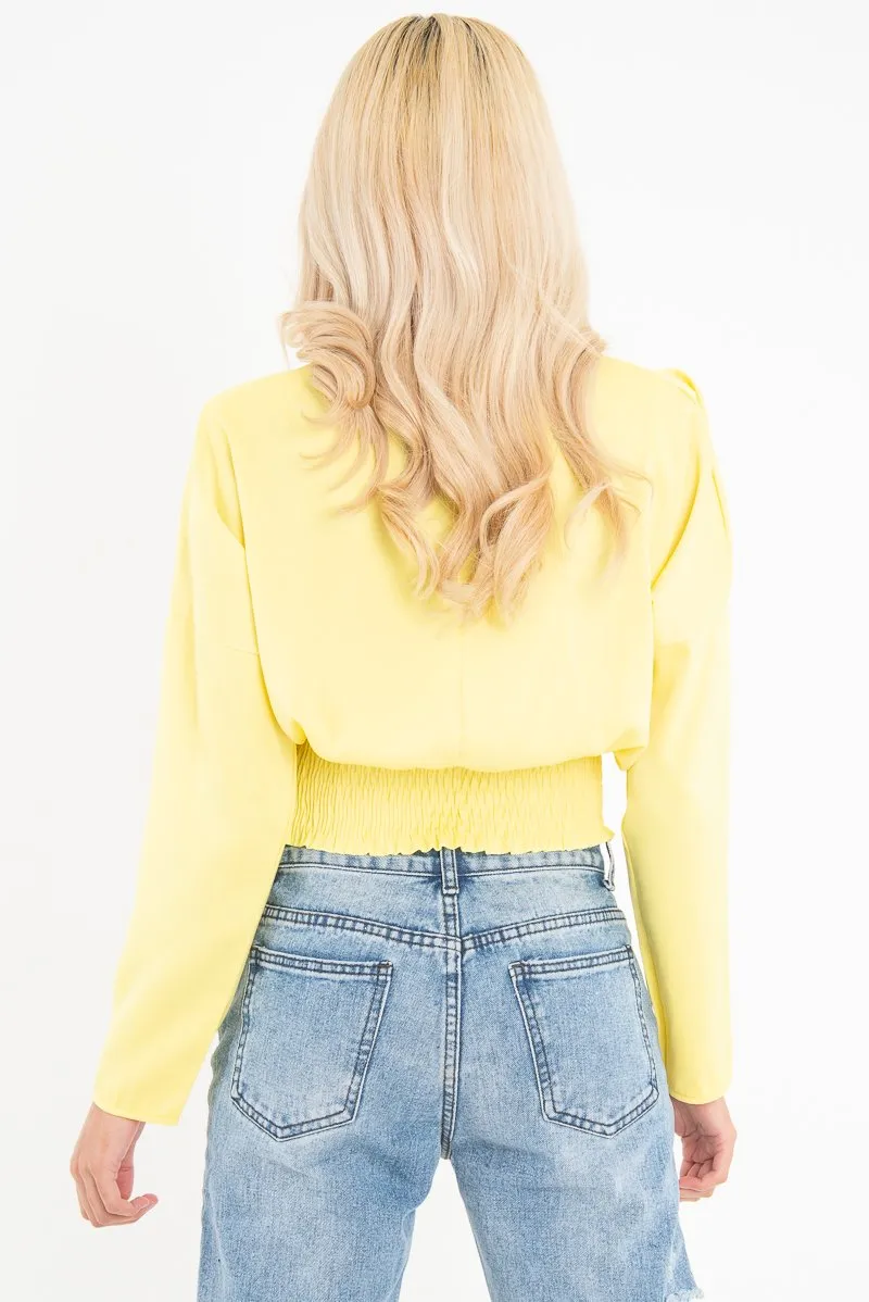 Yellow Satin Shoulder Pad Shirred Waist Blouse - Farida