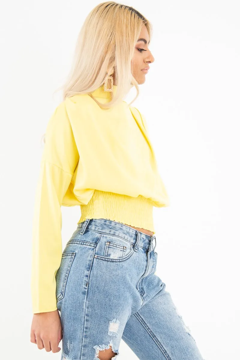 Yellow Satin Shoulder Pad Shirred Waist Blouse - Farida