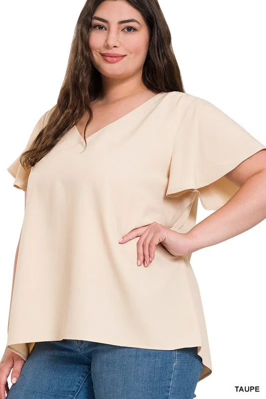 ZENANA Woven Flutter Sleeve V-Neck Top