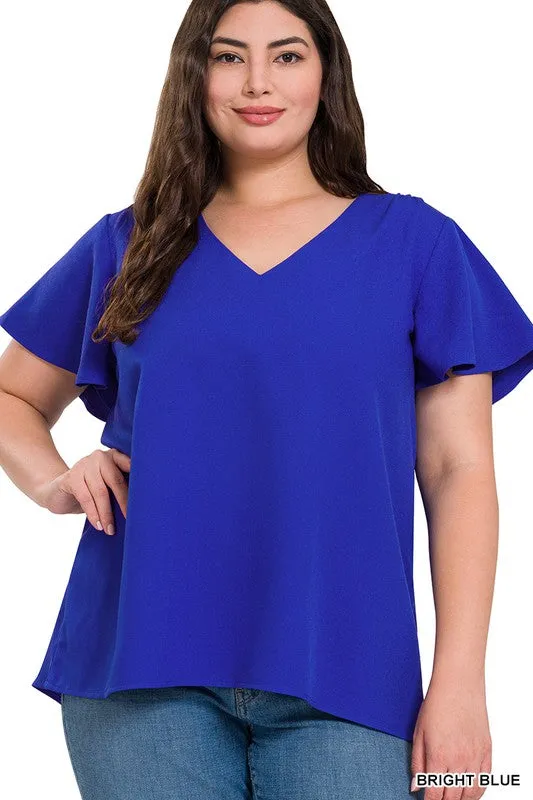 ZENANA Woven Flutter Sleeve V-Neck Top