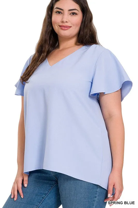 ZENANA Woven Flutter Sleeve V-Neck Top