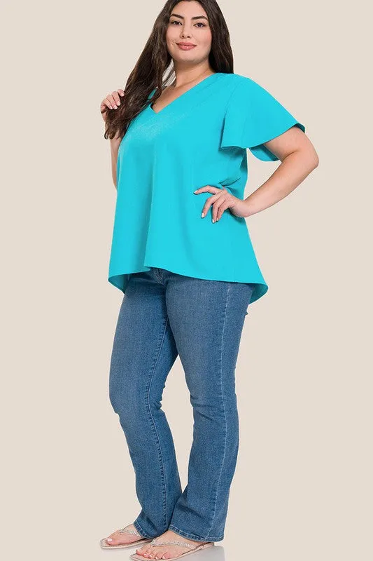 ZENANA Woven Flutter Sleeve V-Neck Top