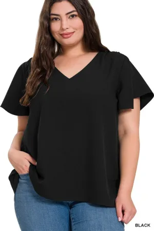 ZENANA Woven Flutter Sleeve V-Neck Top