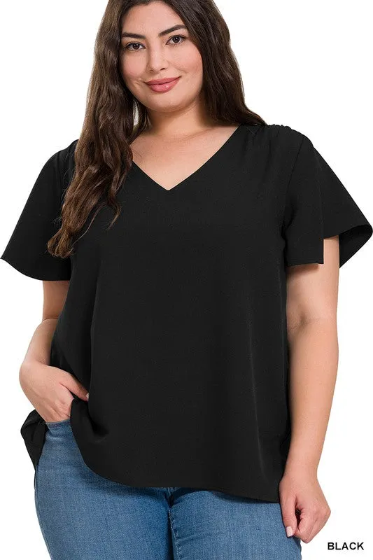 ZENANA Woven Flutter Sleeve V-Neck Top